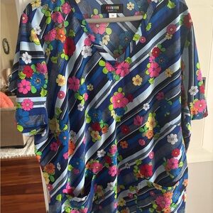 Scrub Top Floral Striped V-Neck